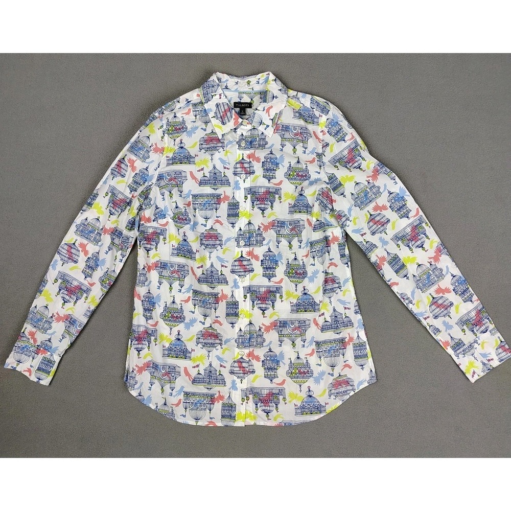 Talbots Button Down Long Sleeve Women Small‎ Birdcage Print Lightweight Cotton
